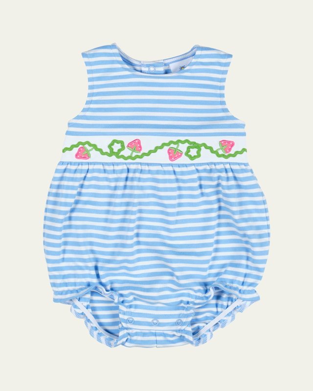 Striped Bubble Romper W/ Embroidered Strawberries, Size 3M-24
